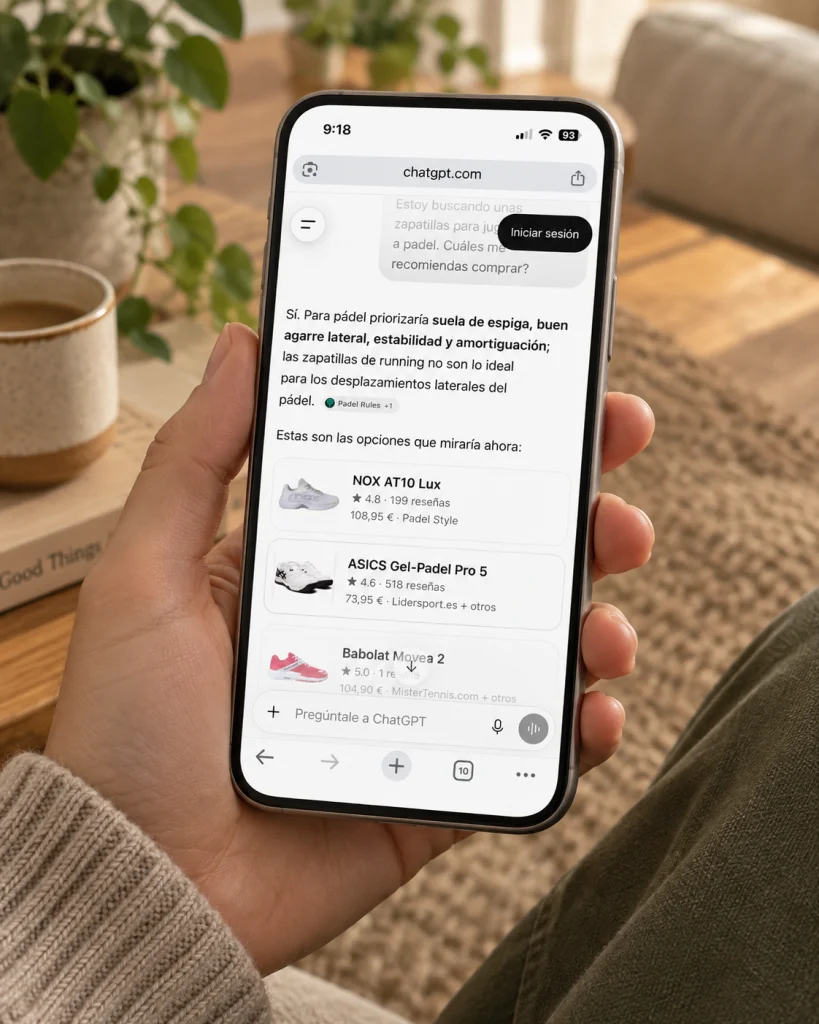 Conversa real no ChatGPT a recomendar produtos de uma loja Shopify em formato de mockup de telemóvel; exemplo de ChatGPT Ads para e-commerce.